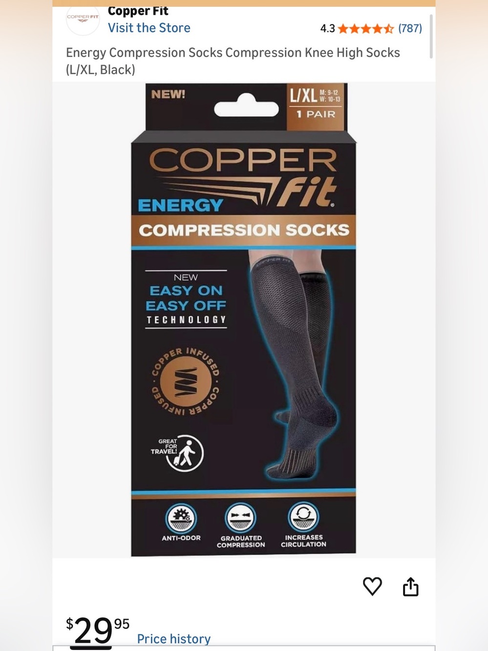 Copper Fit Energy Compression Socks - Black  - L/XL - Picture 2 of 2